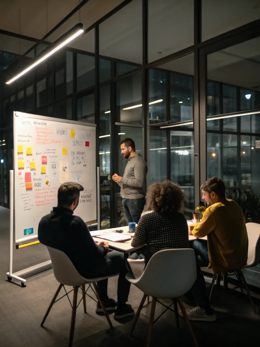 A diverse group of Indian entrepreneurs collaborating on a digital whiteboard, brainstorming innovative business ideas.