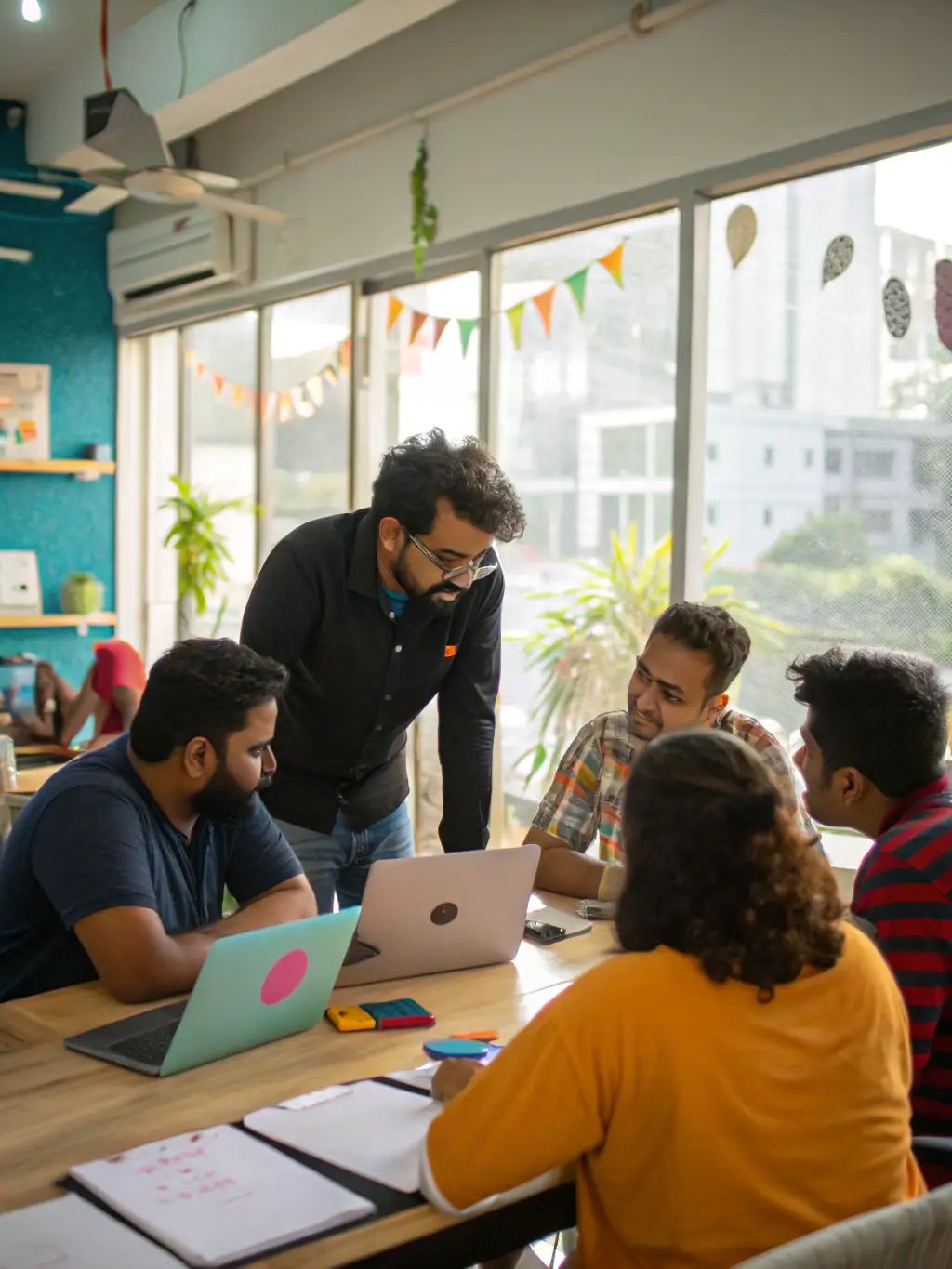 An image of a mentor and startup founders engaged in a strategic discussion in a modern office setting, symbolizing the Startup Mentorship Program.