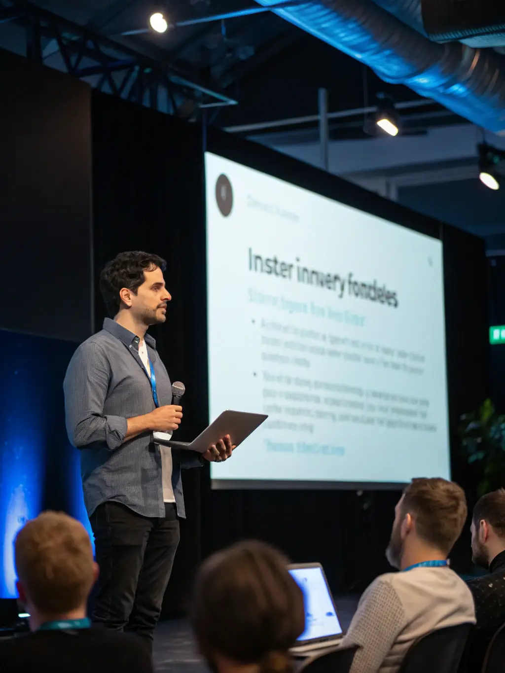 A successful Indian startup founder giving a presentation at a tech conference, highlighting the success stories emerging from the CyberVault mentorship program.