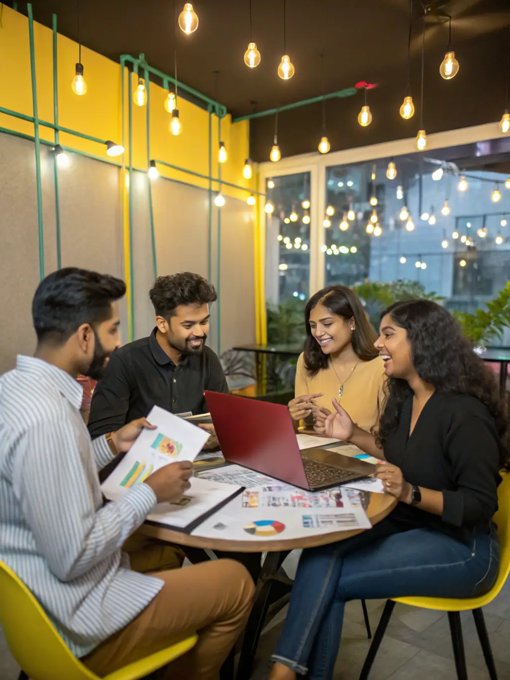A diverse group of young Indian entrepreneurs brainstorming ideas in a modern co-working space, representing the collaborative environment of the CyberVault mentorship program.