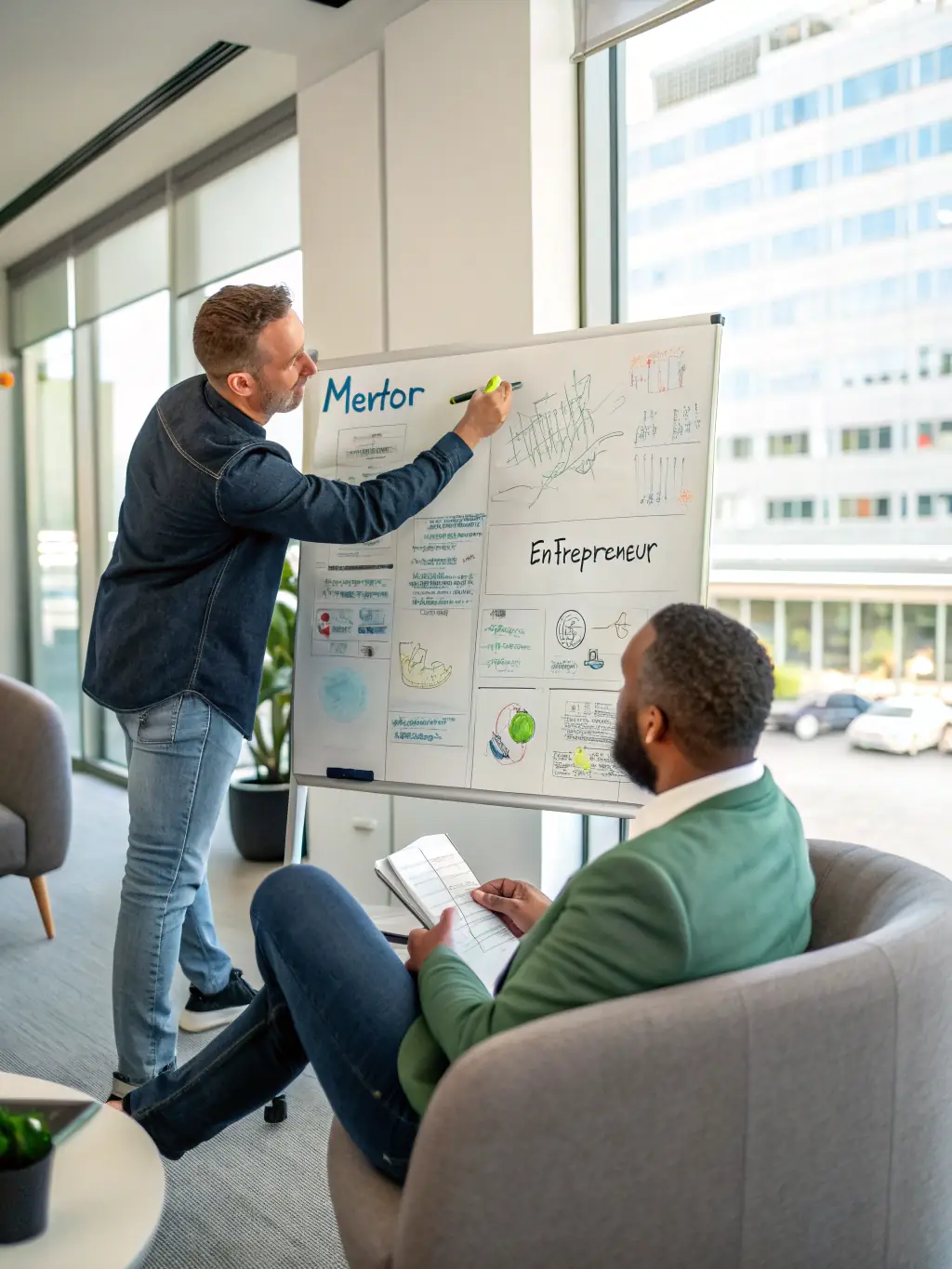A mentor guiding a startup founder through a business plan on a digital tablet, showcasing the personalized guidance provided by CyberVault.